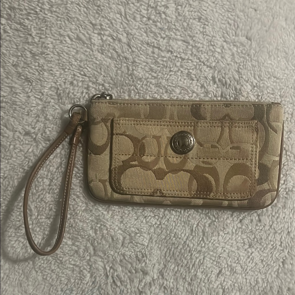 Coach Beige and Brown Logo Wristlet